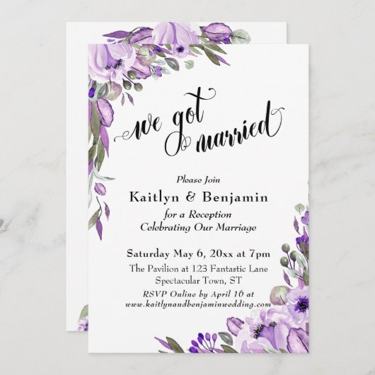パープルウォーターカラーフローラル「私たち結婚しました」タイポグラフィー 招待状 (正面/裏面)