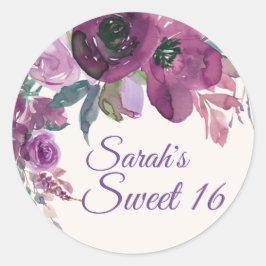 パープルウォーターカラーフローラルSweet16バースデー ラウンドシール
