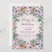パープルウォーターカラーフローラ60ファブラス誕生日 招待状 (正面)