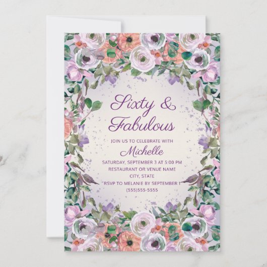 パープルウォーターカラーフローラ60ファブラス誕生日 招待状 (正面)
