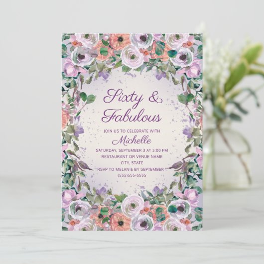パープルウォーターカラーフローラ60ファブラス誕生日 招待状 (スタンド正面)