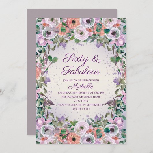 パープルウォーターカラーフローラ60ファブラス誕生日 招待状 (正面/裏面)