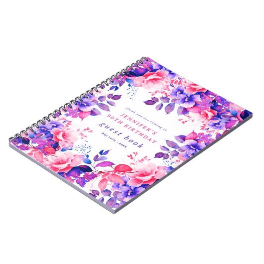 パープルウォーターカラーフローラ90th誕生日ゲストブック ノートブック (左側)
