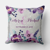 パープルウォーターカラーフローラ&シルバーグリッター結婚ズ クッション (正面)