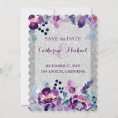 パープルウォーターカラーフローラ&シルバーグリッター結婚ズ サンキューカード (正面)