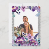 パープルウォーターカラーフローラ&シルバーグリッター結婚ズ サンキューカード (正面)
