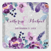 パープルウォーターカラーフローラ&シルバーグリッター結婚ズ スクエアシール (正面)