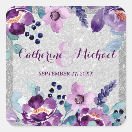 パープルウォーターカラーフローラ&シルバーグリッター結婚ズ スクエアシール (正面)