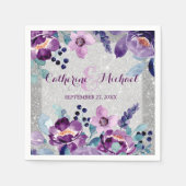 パープルウォーターカラーフローラ&シルバーグリッター結婚ズ スタンダードカクテルナプキン (正面)
