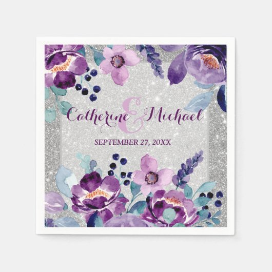 パープルウォーターカラーフローラ&シルバーグリッター結婚ズ スタンダードカクテルナプキン (正面)