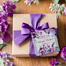 パープルウォーターカラーフローラ&シルバーグリッター結婚ズ フェイバータグ