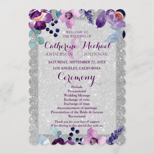 パープルウォーターカラーフローラ&シルバーグリッター結婚ズ プログラム (正面)