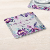 パープルウォーターカラーフローラ&シルバーグリッター結婚ズ ペーパーコースター (アングル)