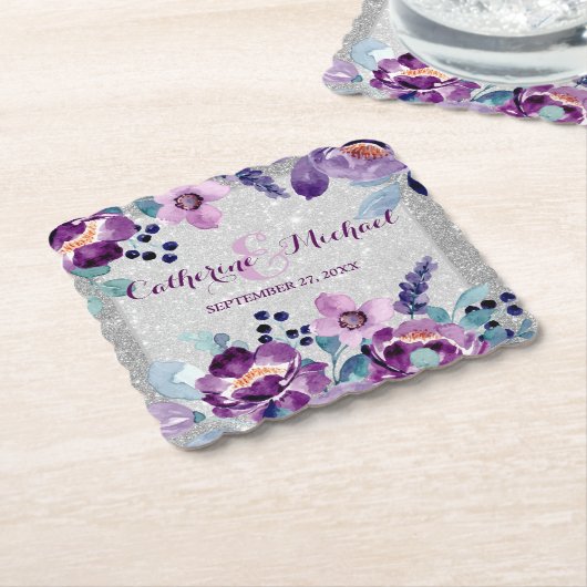 パープルウォーターカラーフローラ&シルバーグリッター結婚ズ ペーパーコースター (アングル)
