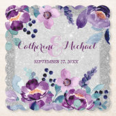 パープルウォーターカラーフローラ&シルバーグリッター結婚ズ ペーパーコースター (正面)