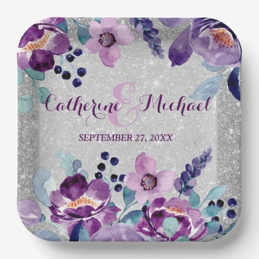 パープルウォーターカラーフローラ&シルバーグリッター結婚ズ ペーパープレート (正面)