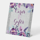 パープルウォーターカラーフローラ&シルバーグリッター結婚ズ 台座サイン (正面)