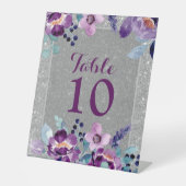 パープルウォーターカラーフローラ&シルバーグリッター結婚ズ 台座サイン (正面)