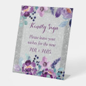 パープルウォーターカラーフローラ&シルバーグリッター結婚ズ 台座サイン (正面)