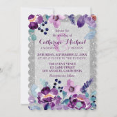 パープルウォーターカラーフローラ&シルバーグリッター結婚ズ 招待状 (正面)