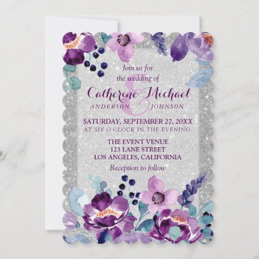 パープルウォーターカラーフローラ&シルバーグリッター結婚ズ 招待状 (正面)