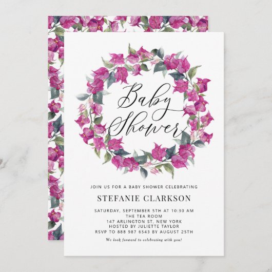 パープルウォーターカラーブーゲンビリアリースベビーシャワー 招待状 (正面/裏面)
