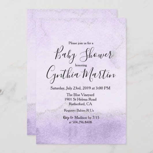 パープルウォーターカラーベビーシャワー招待状 招待状 (正面/裏面)