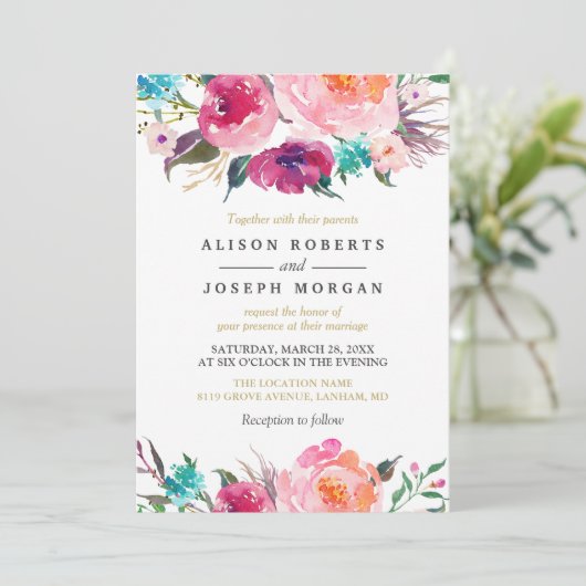 パープルウォーターカラーボタニカル結婚式招待状 招待状 (スタンド正面)