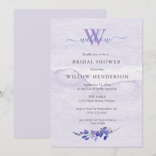 パープルウォーターカラーモノグラムブライダルシャワー 招待状 (正面/裏面)