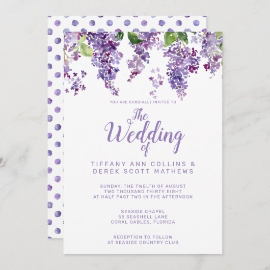パープルウォーターカラーライラック結婚フローラ 招待状 (正面/裏面)