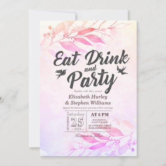 パープルウォーターカラーリーフEATドリンク&パーティーウェディング 招待状 (正面)