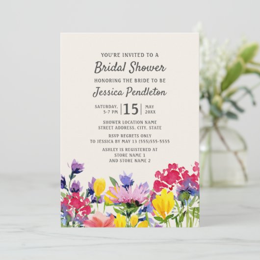 パープルウォーターカラーワイルドフラワーズフローラブライダルシャワー 招待状 (スタンド正面)