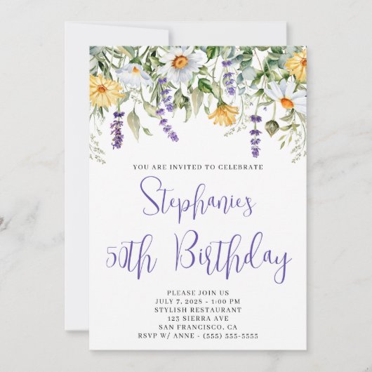 パープルウォーターカラーワイルドフラワーズ誕生日 招待状 (正面)