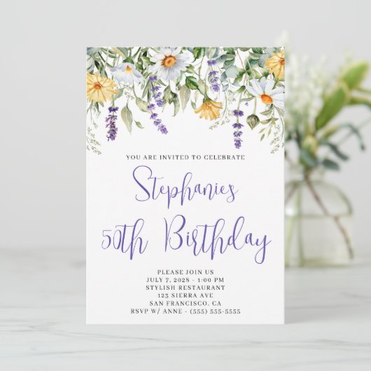 パープルウォーターカラーワイルドフラワーズ誕生日 招待状 (スタンド正面)