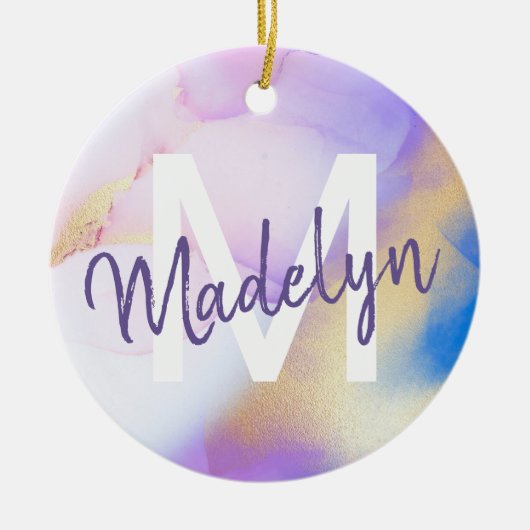 パープルウォーターカラー抽象芸術ガーリーラグジュアリーモノグラム セラミックオーナメント (正面)