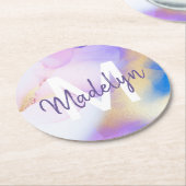 パープルウォーターカラー抽象芸術ガーリーラグジュアリーモノグラム ラウンドペーパーコースター (アングル)