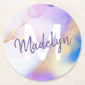 パープルウォーターカラー抽象芸術ガーリーラグジュアリーモノグラム ラウンドペーパーコースター (正面)