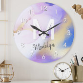 パープルウォーターカラー抽象芸術ラグジュアリガーリーーモノグラム ラウンド壁時計