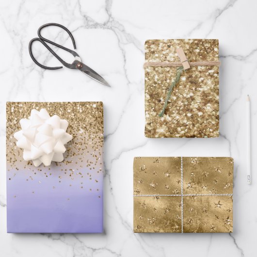 パープルウォーターカラー金ゴールドグラムグリッター ラッピングペーパーシート (正面)