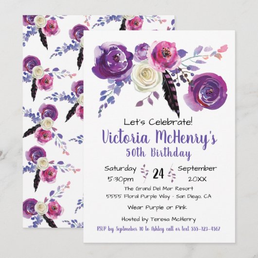 パープルウォーターカラー フラワーボホ バースデーパーティー 招待状 (正面/裏面)