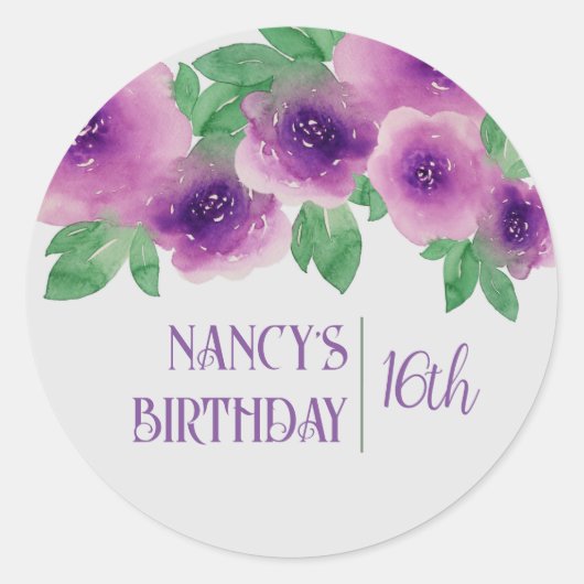 パープルウォーターバラ16誕生日 ラウンドシール (正面)