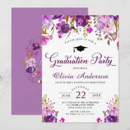 パープルウォーターフローラモダン卒業パーティー 招待状