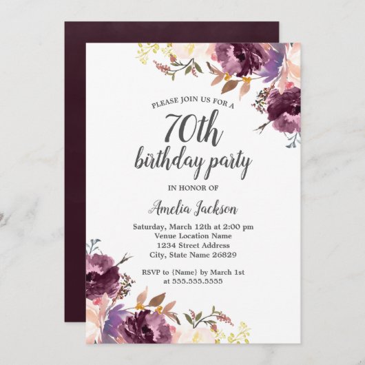 パープルウォーターフローラ70thバースデーパーティー 招待状 (正面/裏面)