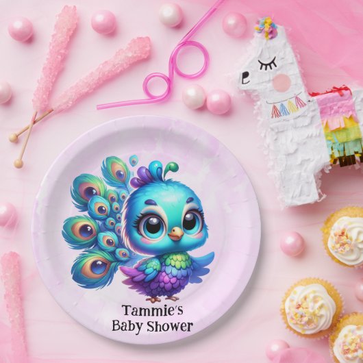パープルウォーター色かわいい孔雀ガールベイビーシャワー ペーパープレート (パーティー)