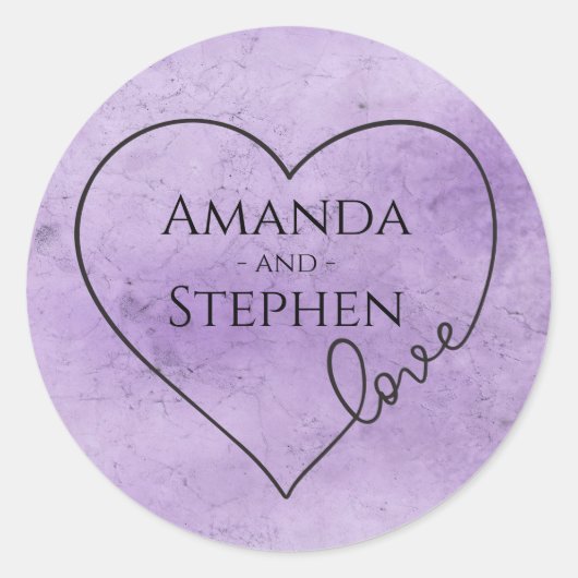 パープルウォーター色のハートグランジヴィンテージウェディング ラウンドシール (正面)