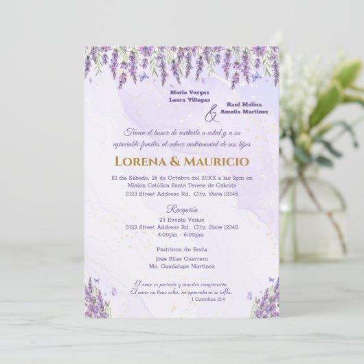 パープルウォーター色のフローラ結婚式招待状 招待状 (スタンド正面)