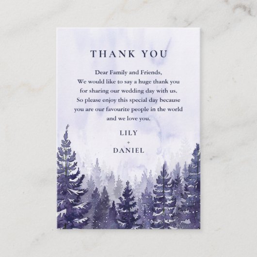 パープルウォーター色の松の森結婚の感謝 プレイスカード (正面)