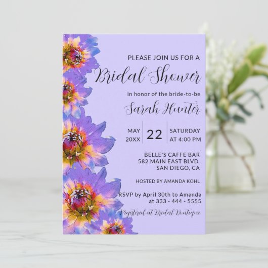 パープルウォーター色の花のブライダルシャワー 招待状 (スタンド正面)