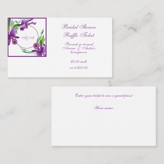 パープルウォーター色の蘭ブライダルラッフル エンクロージャーカード (正面/裏面)