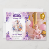 パープルウォーター色ドラゴンベビー1stバースデーフォト 招待状 (正面)